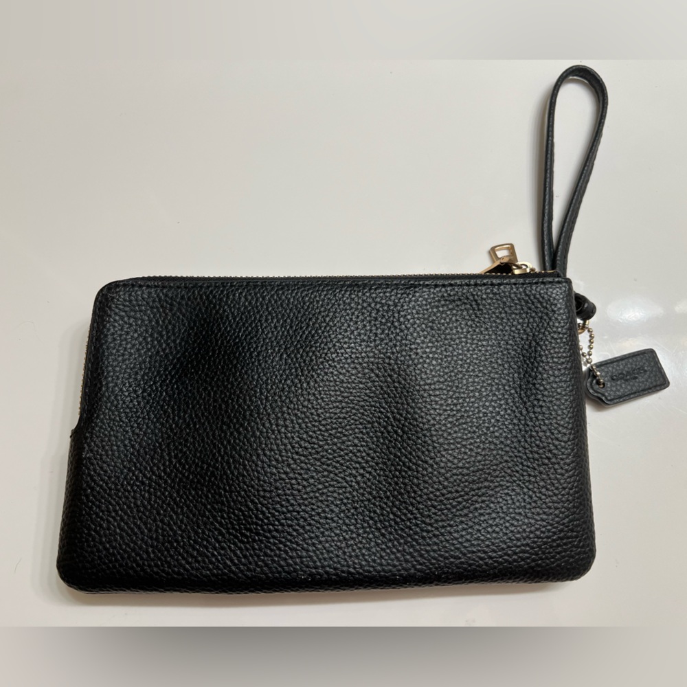 Coach Black Double Corner Zipper Pebbled Leather Wristlet - Picture 12 of 13